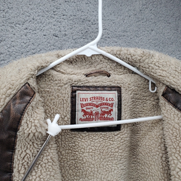 Levis Faux Leather Sherpa Lined Bomber Jacket Mens XL Brown - Picture 5 of 14